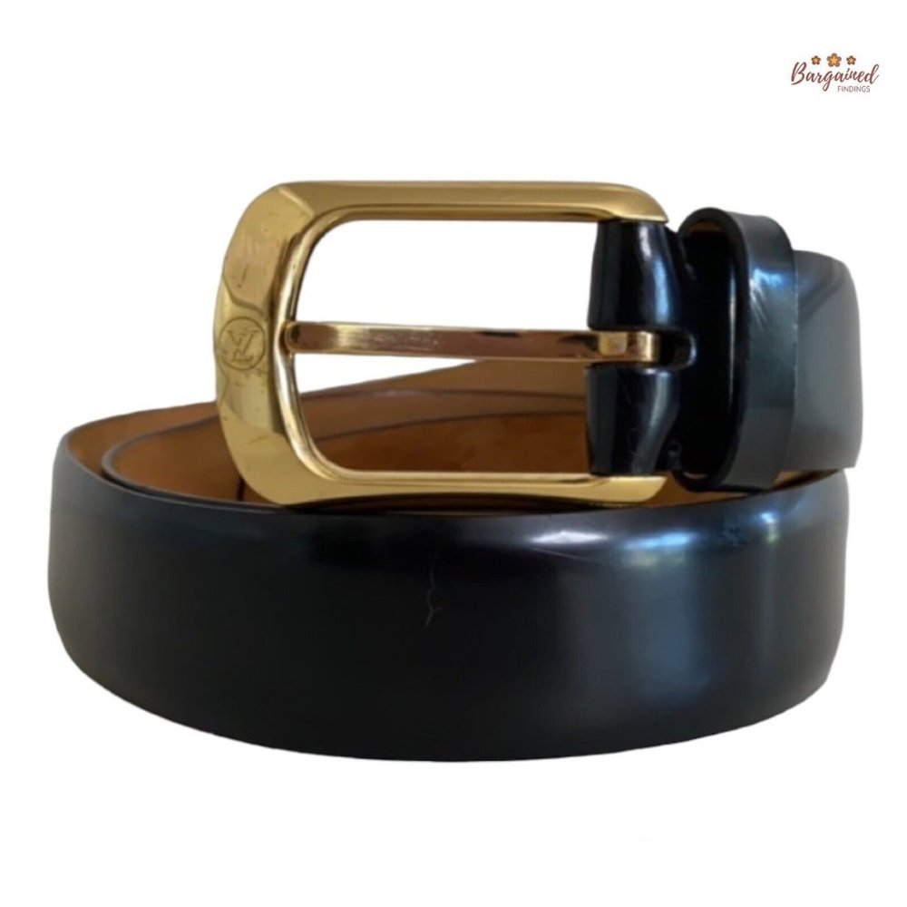 Authentic Louis Vuitton Black Calfskin Leather Ellipse Gold Buckle Belt 85/34